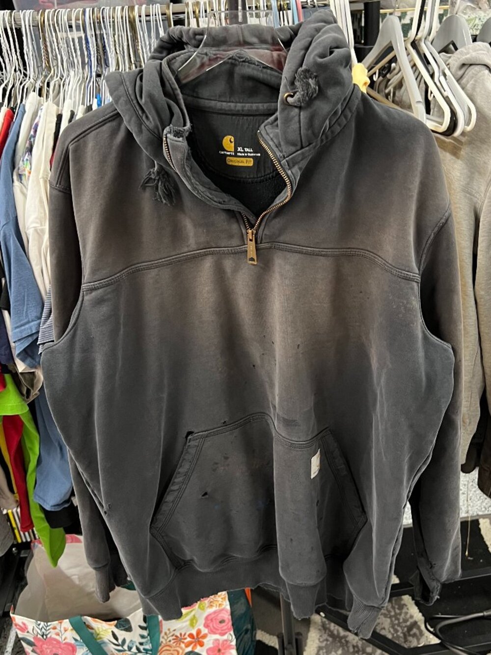 Carhartt Hoodie Mens XL Tall 1/4 Zip Rain Defender Pullover Distressed Faded